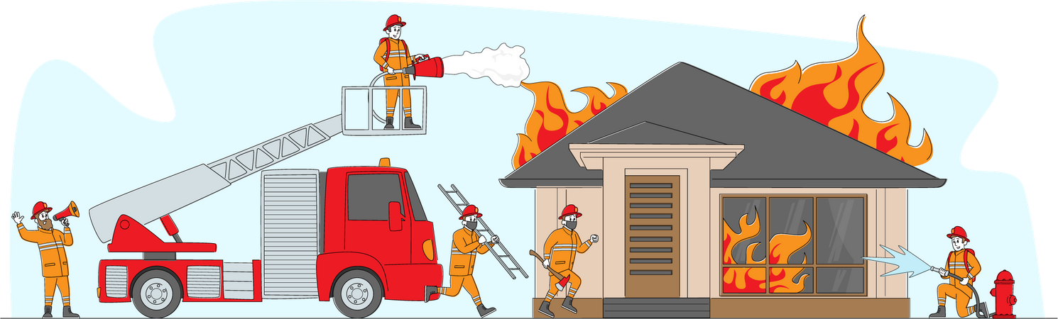 Pompier travaillant sur un point d'urgence incendie  Illustration