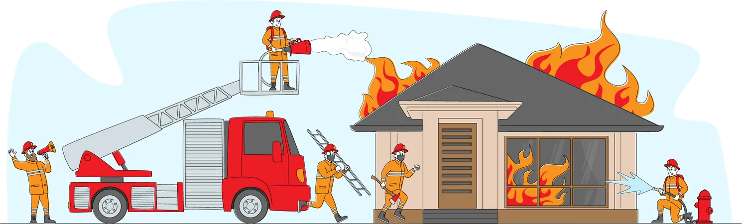 Pompier travaillant sur un point d'urgence incendie  Illustration