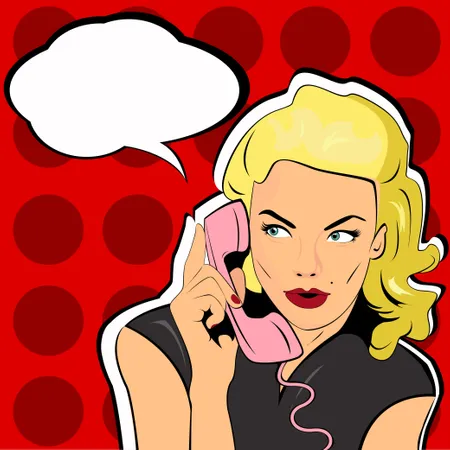 Pop-Art-Illustration einer Frau mit Sprechblase und Retro-Telefon  Illustration