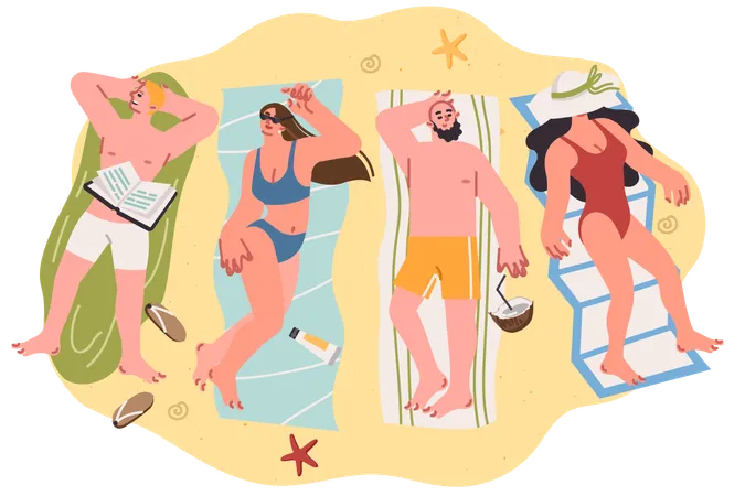 Pople enjoying summer vacation together on tropical island  Illustration