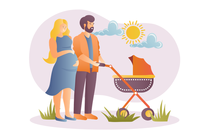 Pregnant couple standing with baby stroller  Illustration