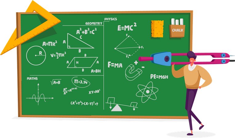 Professeur enseignant des formules de géométrie et de physique  Illustration