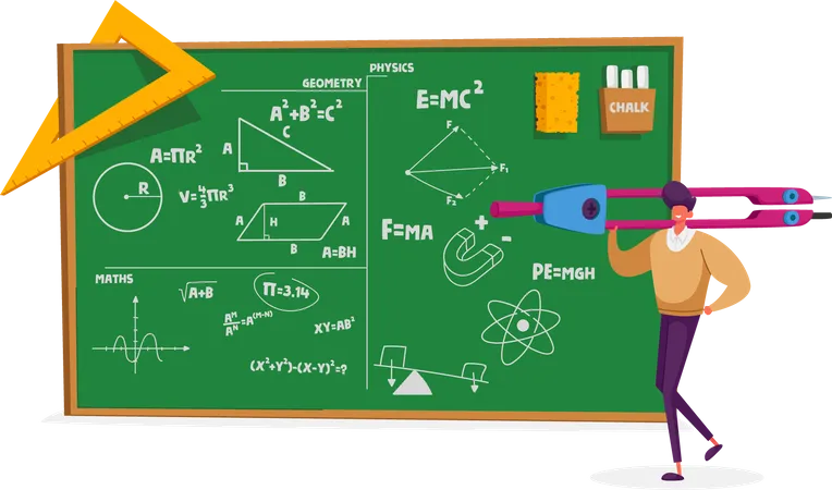 Professeur enseignant des formules de géométrie et de physique  Illustration