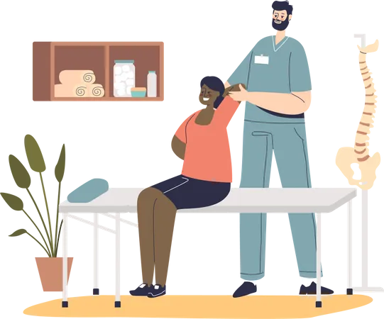 Professional male osteopath making massage to woman sitting on table.  Illustration