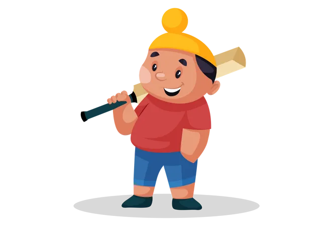 Punjabi boy is holding a cricket bat on his shoulder  Illustration