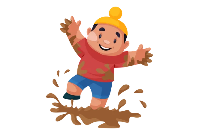 Punjabi kid playing in the mud  일러스트레이션