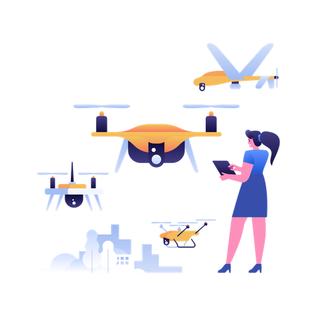 Quadricópteros e UAVs avançados operados por mulher usando tablet  Ilustração