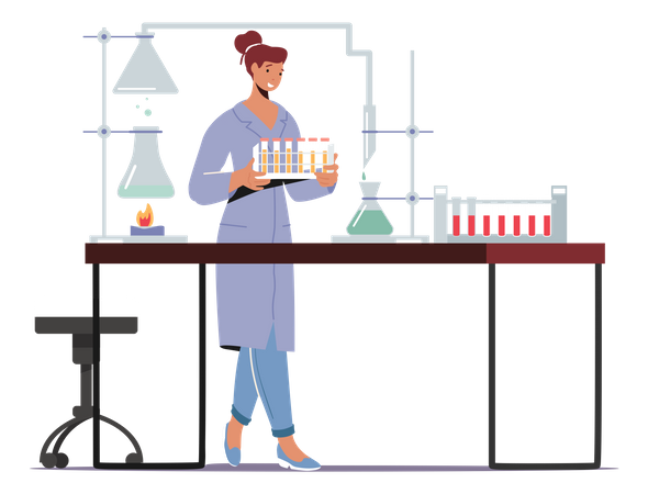 Químico en bata de laboratorio realizando experimentos e investigaciones científicas en el laboratorio  Ilustración