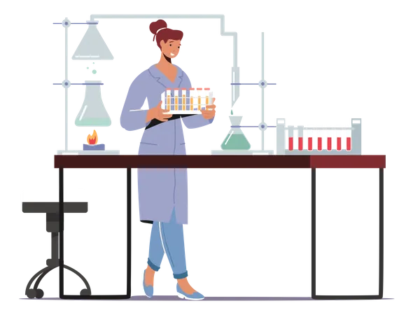 Químico en bata de laboratorio realizando experimentos e investigaciones científicas en el laboratorio  Ilustración