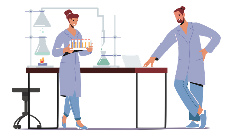 Químicos que realizan experimentos e investigaciones científicas en laboratorio  Ilustración