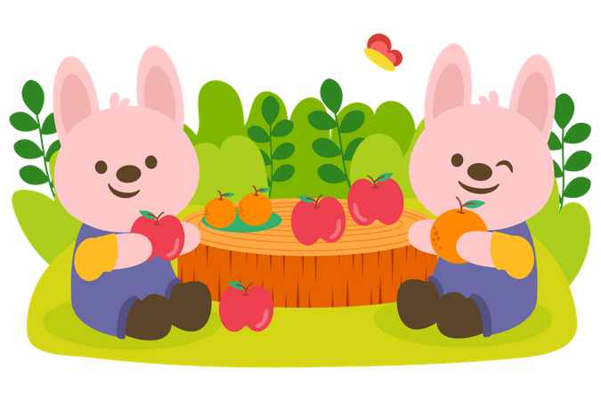 Rabbit couple picnic in park  Illustration