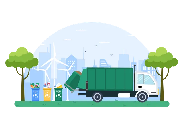 Recycling truck picking up trash  Illustration