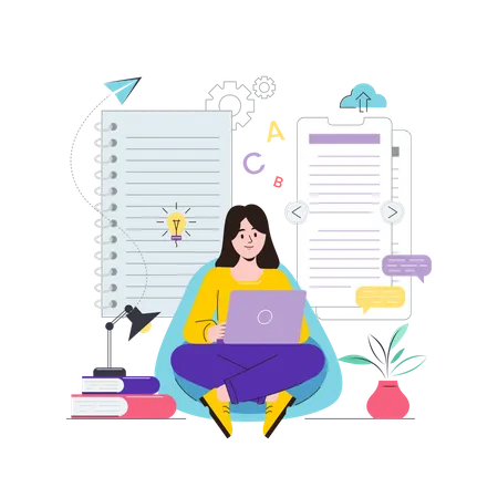 Rédactrice de contenu féminine travaillant sur un article  Illustration