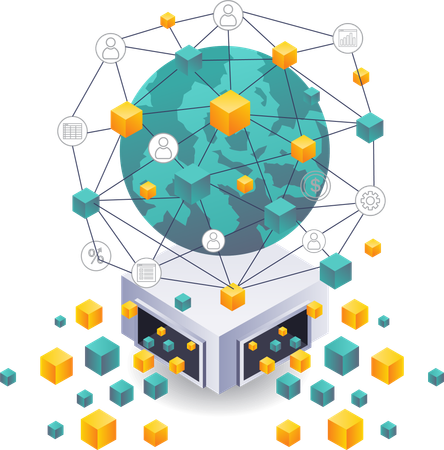 Redes globales de tecnología Blockchain en inversiones comerciales  Ilustración