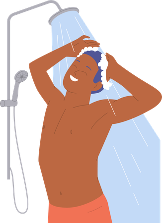 Relaxed excited young man taking shower under hot water  Illustration