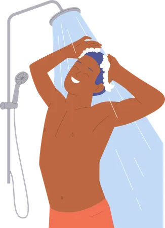 Relaxed excited young man taking shower under hot water  Illustration