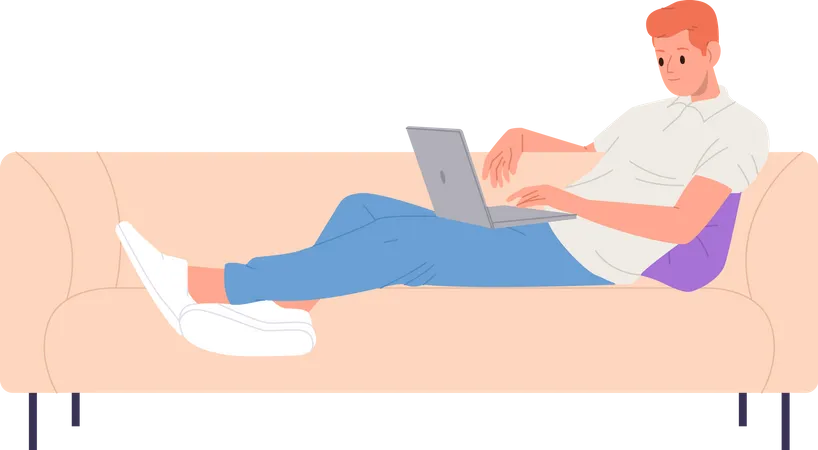 Relaxed man freelancer on sofa using laptop computer watching webinar  Illustration