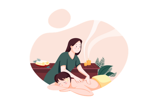 Relaxed woman getting back massage in luxury spa with professional massage therapist  Illustration