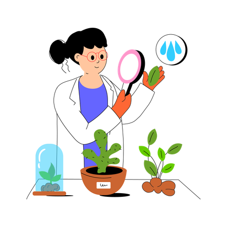 Researcher examining plant samples under a magnifying glass  Illustration