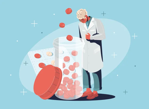 Researcher standing with drugs  Illustration