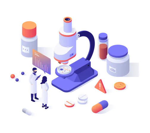 Researchers in lab coats, microscope, pills, test tubes  Illustration