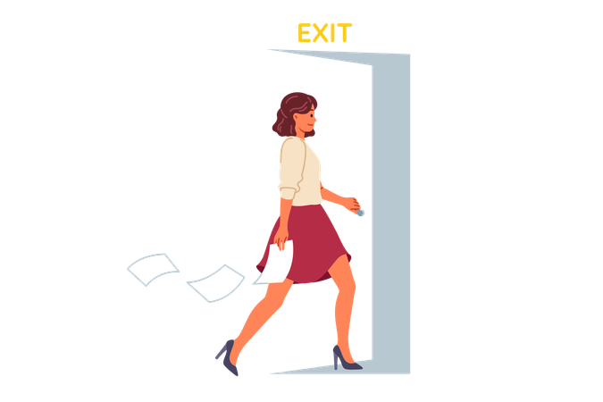 Resigned businesswoman walks out open door  Illustration