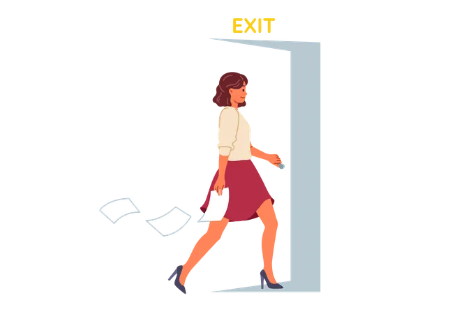 Resigned businesswoman walks out open door  Illustration