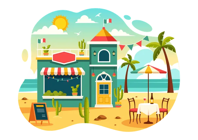 Restaurant de cuisine mexicaine à la plage  Illustration