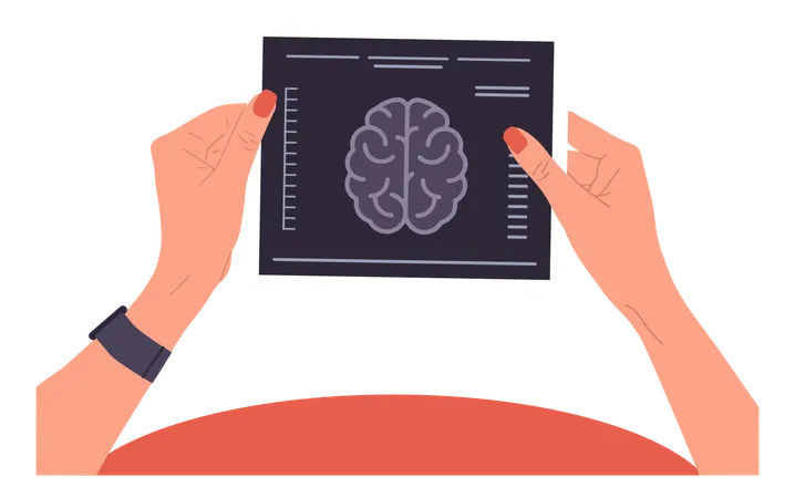 Mano que sostiene el resultado de la resonancia magnética del cerebro  Ilustración