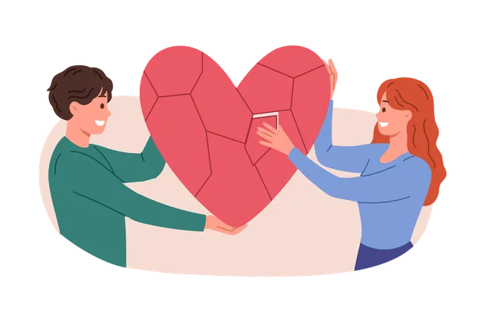 Reunión familiar de hombre y mujer restableciendo la relación y sosteniendo el corazón hecho de pequeños pedazos  Ilustración