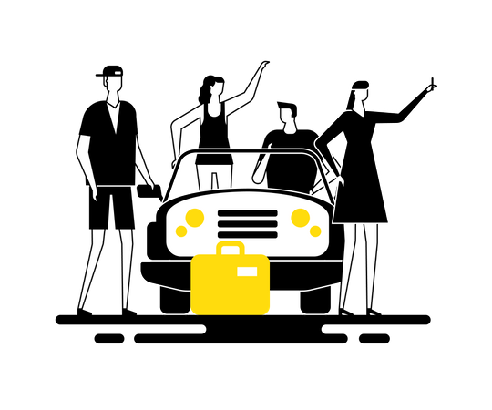 Road trip - Group of friends standing near a car with luggage taking a selfie  Illustration