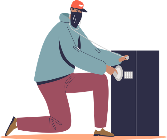 Robber in mask trying to open big safe  Illustration