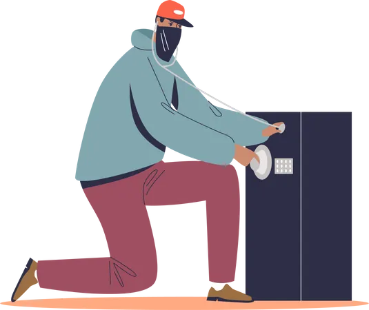 Robber in mask trying to open big safe  Illustration