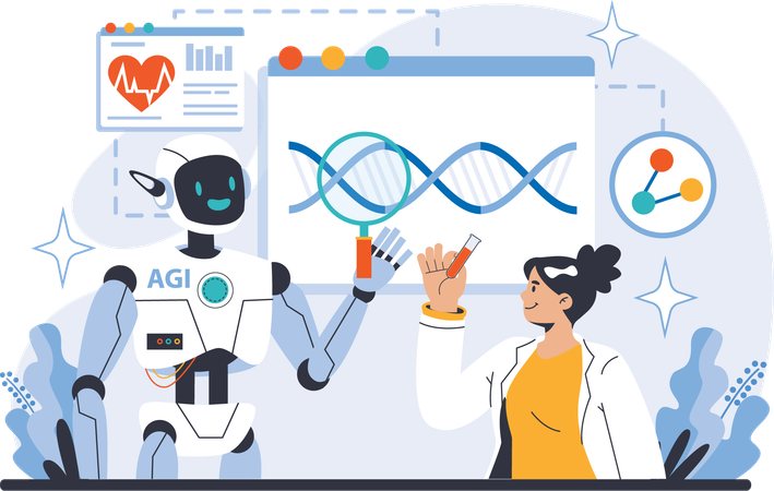 Robot haciendo investigación de ADN con chica.  Ilustración