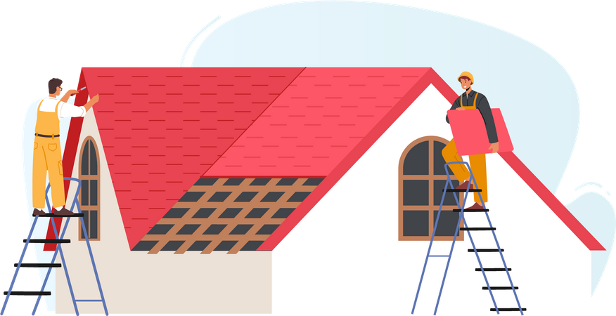 Roofing workers applying roof on the house  Illustration