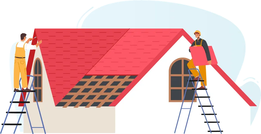 Roofing workers applying roof on the house  Illustration