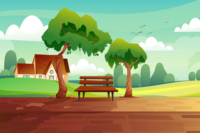 Rural scene with wooden bench between big trees  일러스트레이션