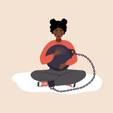 Sad african woman hugging heavy wrecking ball and feeling guilty  イラスト