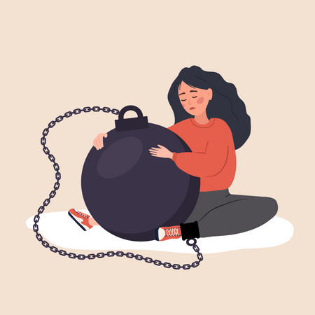 Sad girl hugging heavy wrecking ball and feeling guilty  イラスト