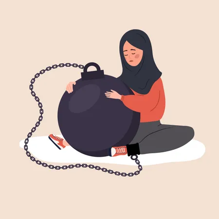 Sad woman hugging wrecking ball and feeling guilty  イラスト