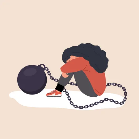 Sad woman with heavy wrecking ball feeling guilty  イラスト