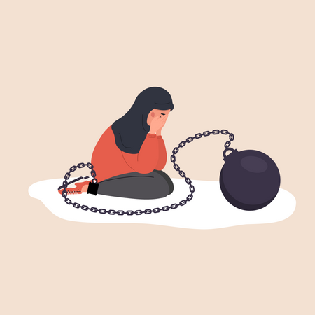 Sad woman with heavy wrecking ball feeling unhappy  イラスト