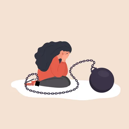 Sad woman with heavy wrecking ball feeling unhappy  イラスト