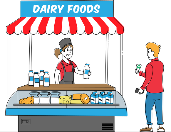 Saleswoman Sell Dairy Food Assortment in Kiosk  Illustration