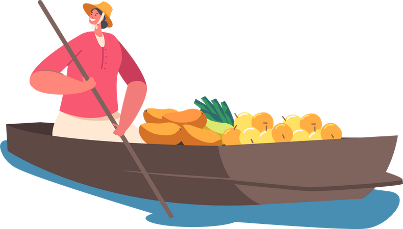 Saleswoman Sell Goods Float on Boat  イラスト