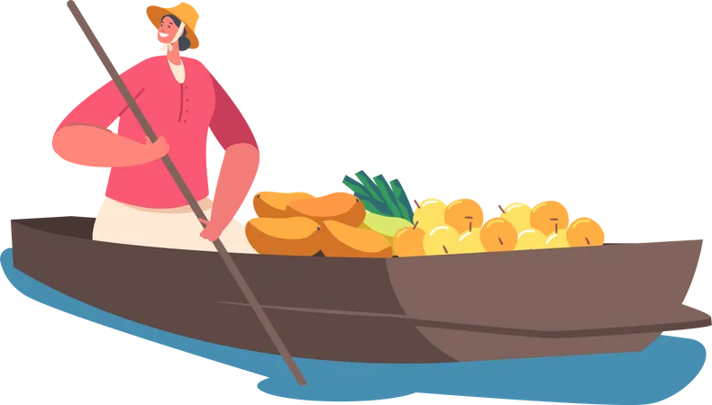 Saleswoman Sell Goods Float on Boat  イラスト