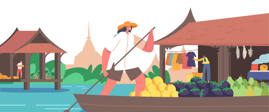 Saleswoman Wear Straw Hat on Boat with Paddle Sell and Buy Goods Float by River  イラスト