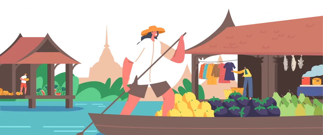 Saleswoman Wear Straw Hat on Boat with Paddle Sell and Buy Goods Float by River  イラスト