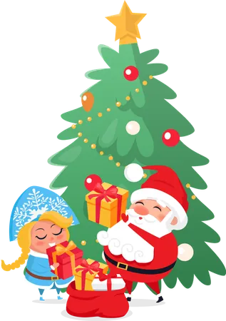 Santa and Snow-maiden Taking out Presents Vector  イラスト