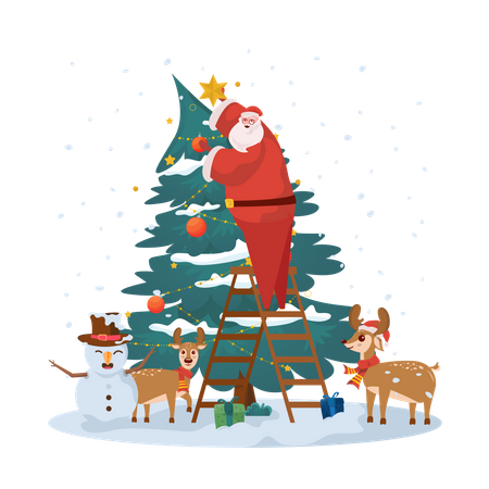 Santa decorating Christmas tree  Illustration